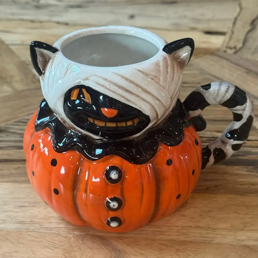 Johanna Parker Designs Halloween Cat Mummy Ceramic Mug, Retro Spooky Coffee Cup